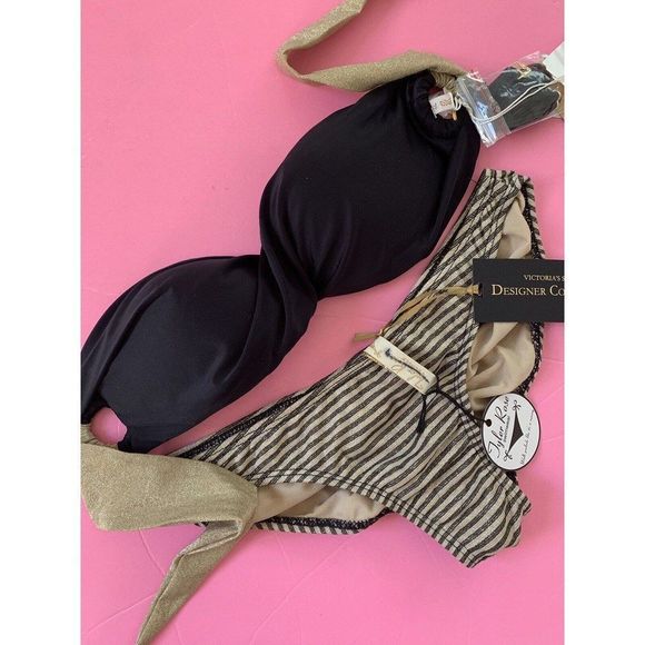 PilyQ Barcelona Tyler Rose S BIKINI Ula'La SWIRL bandeau top+bottom Black GOLD - Picture 2 of 5